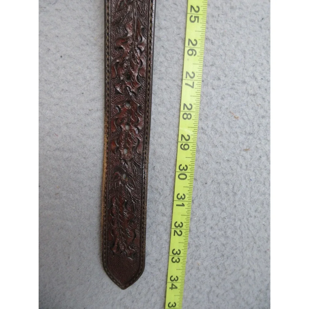 R.P. Megar Tooled Western Leather Belt Mens 32 Brown Silver Buckle Texas Cowboy